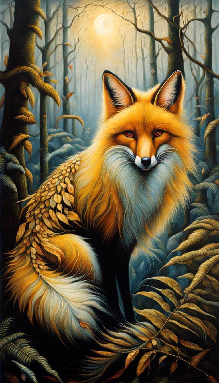 Golden Feathered Fox in Amazon, Surreal Painting