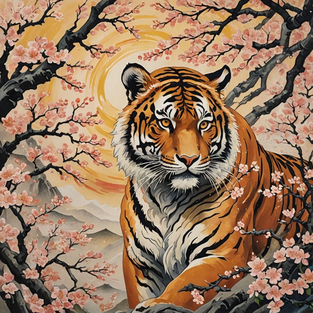 Ukiyo-e, tiger and cherry blossoms , style of Hokusai