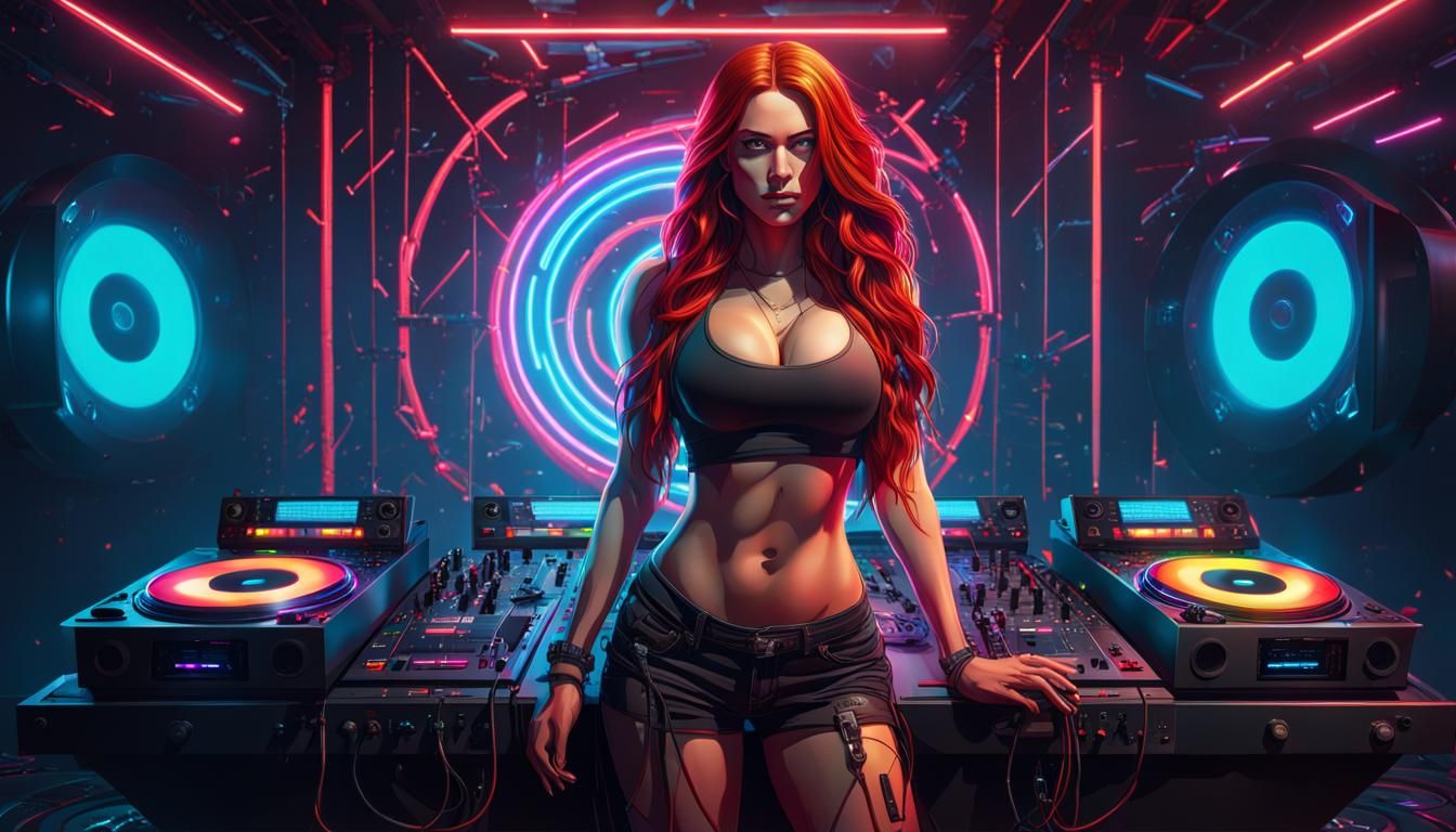 Red-Haired DJ in Neon Lights: Hyperrealistic Portrait