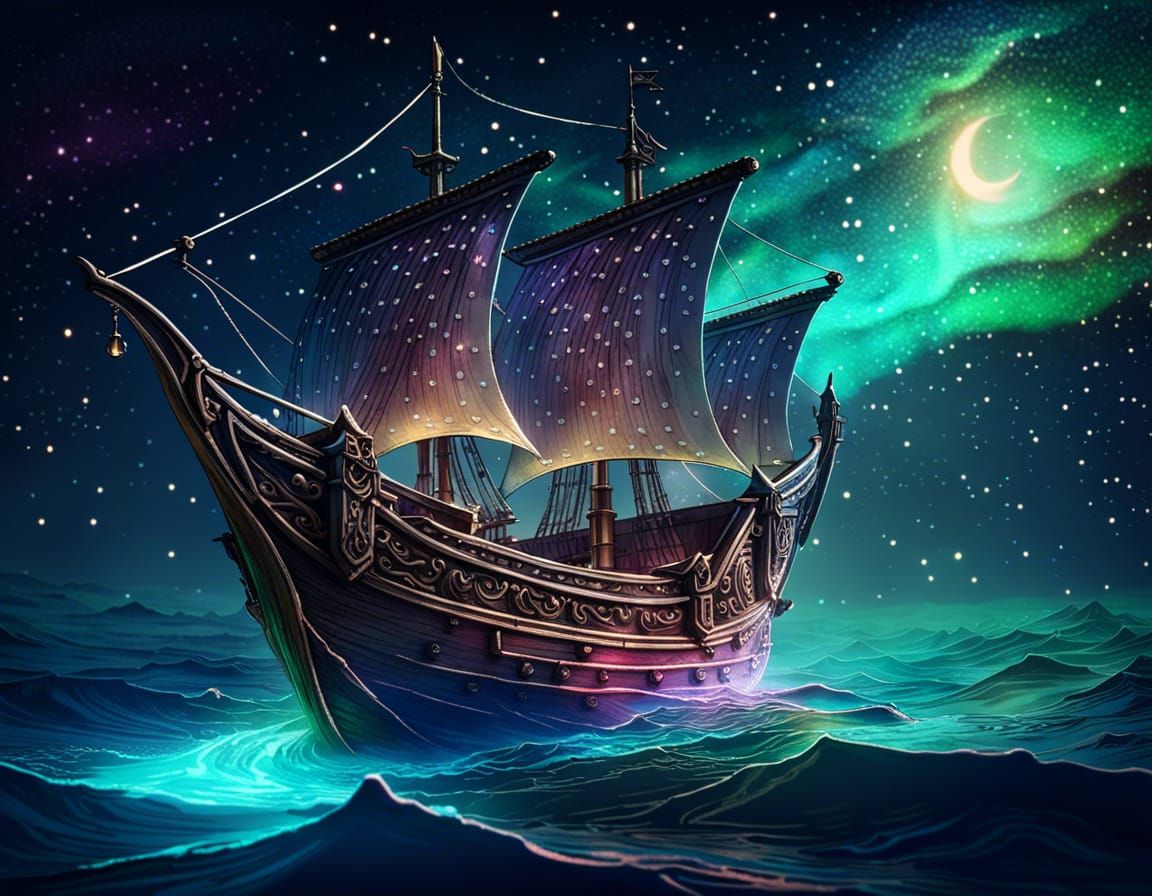 Enchanted Galleon Ship Amidst Aurora Borealis