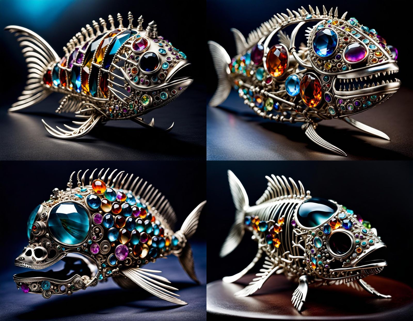 Ornate Silver Fish Skeleton with Gemstones