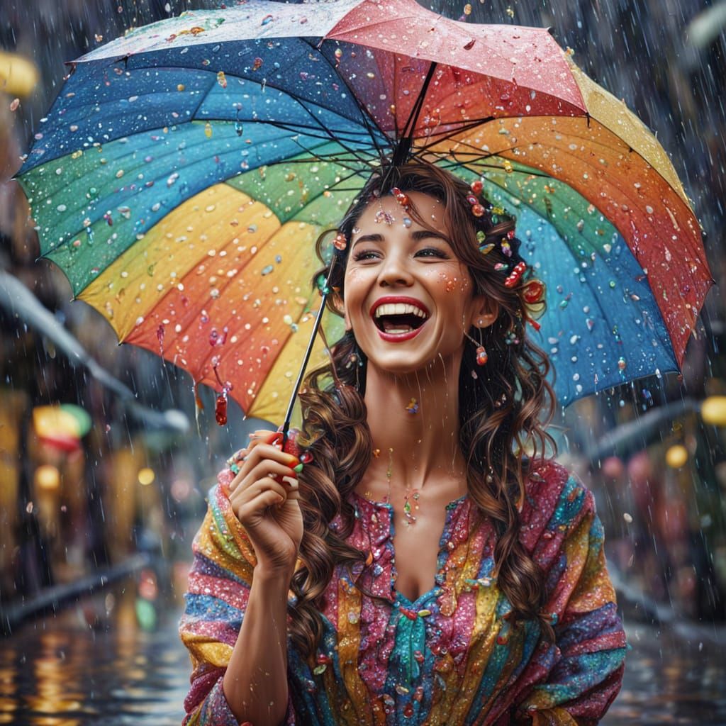 Woman Laughing in Colorful Candy Rain