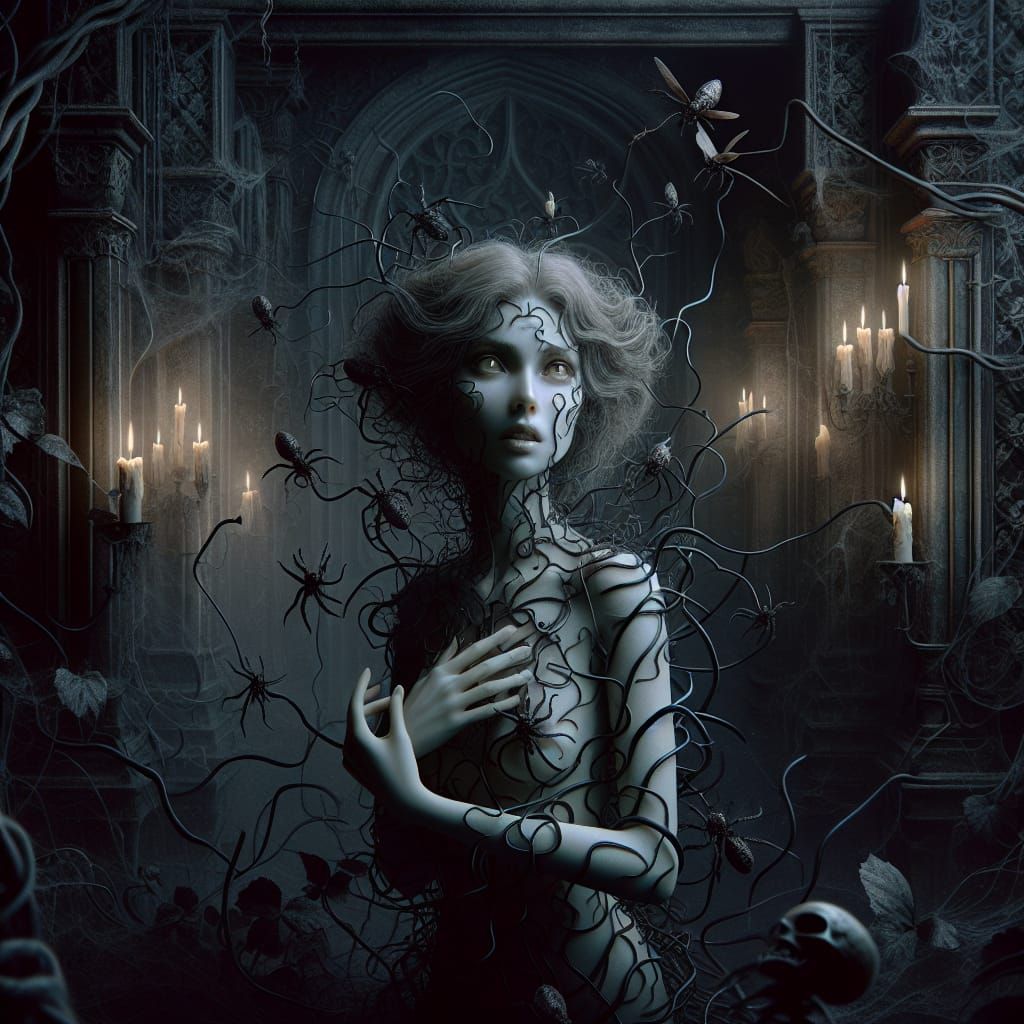 Ethereal Woman Emerges from Gothic Darkness