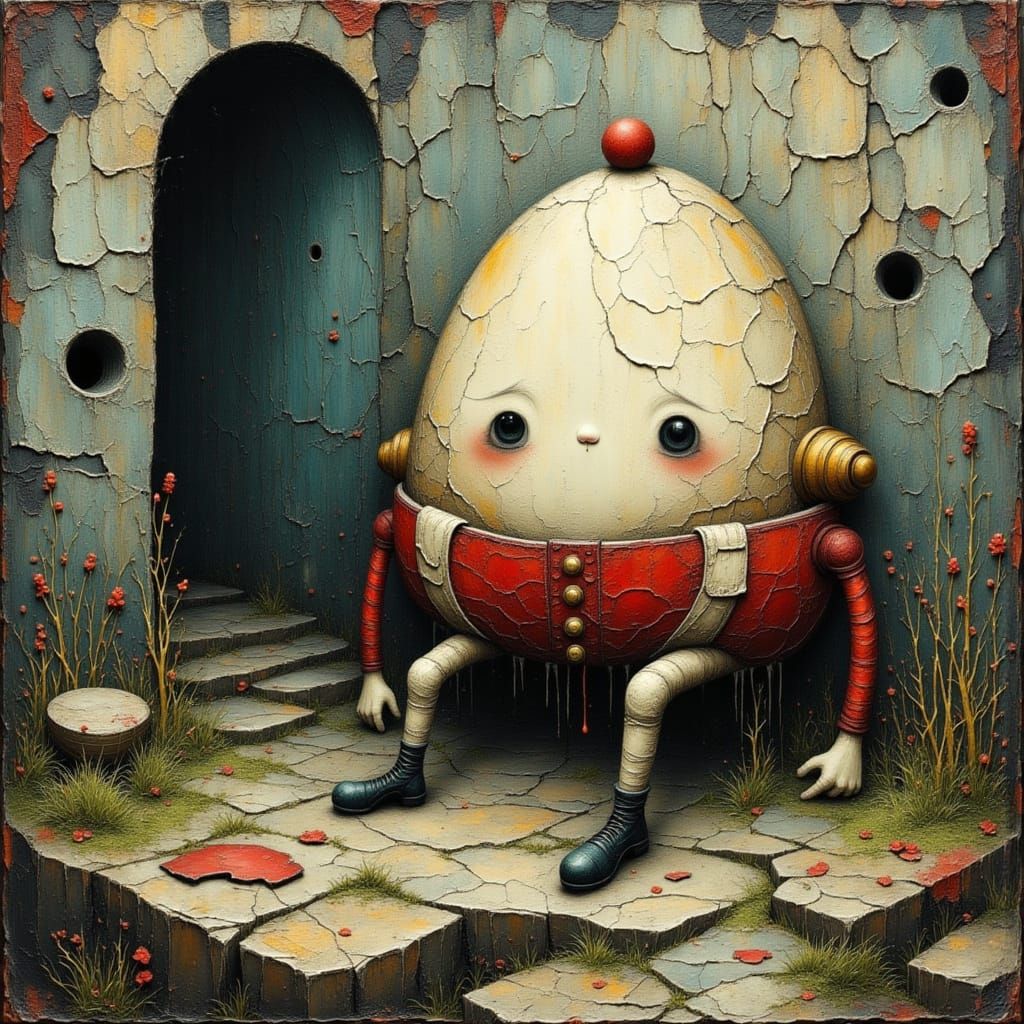 Sad Humpty Dumpty After Fall, Steampunk Soldiers Repair