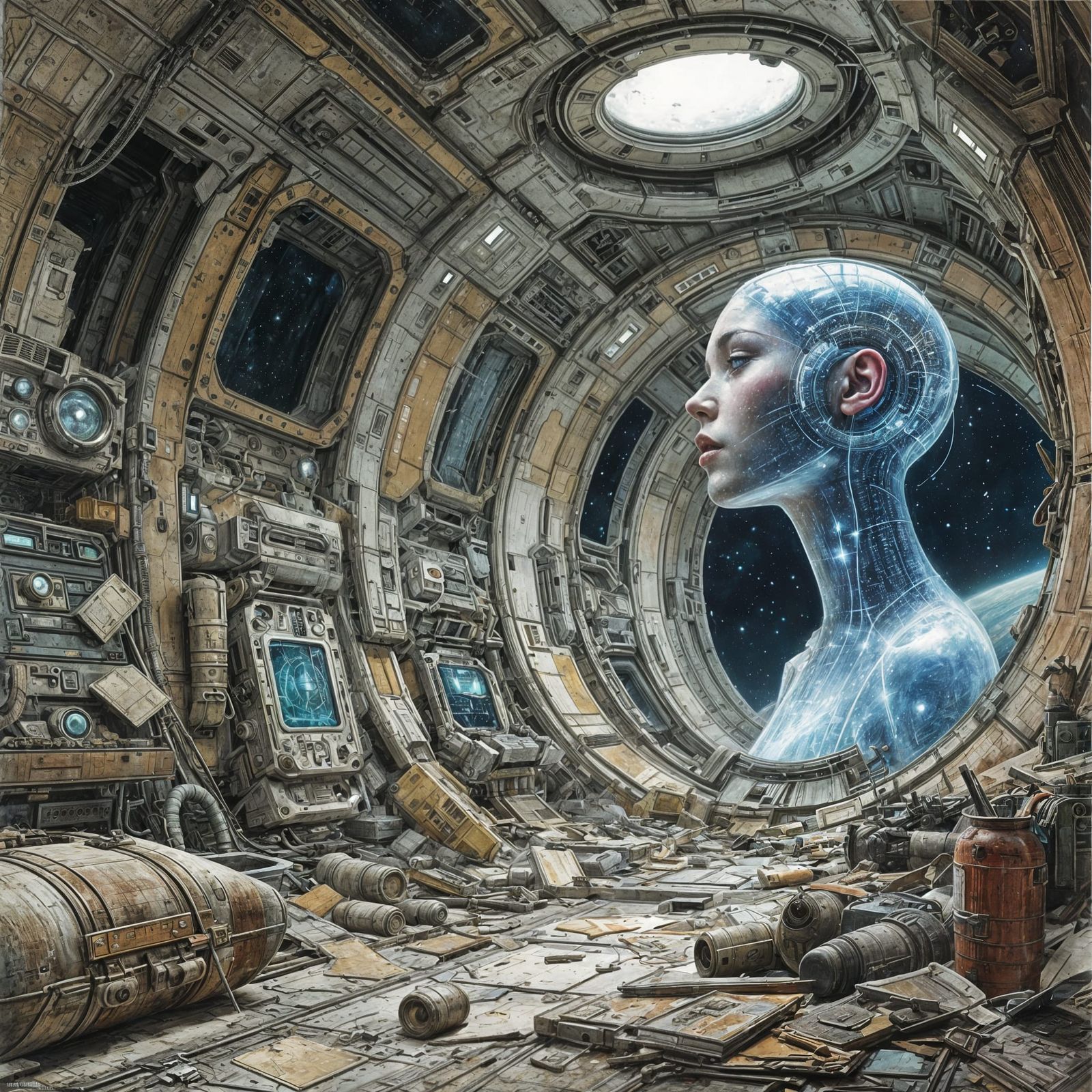 Pretty Hologram in Abandoned Sci-Fi Ship Interior