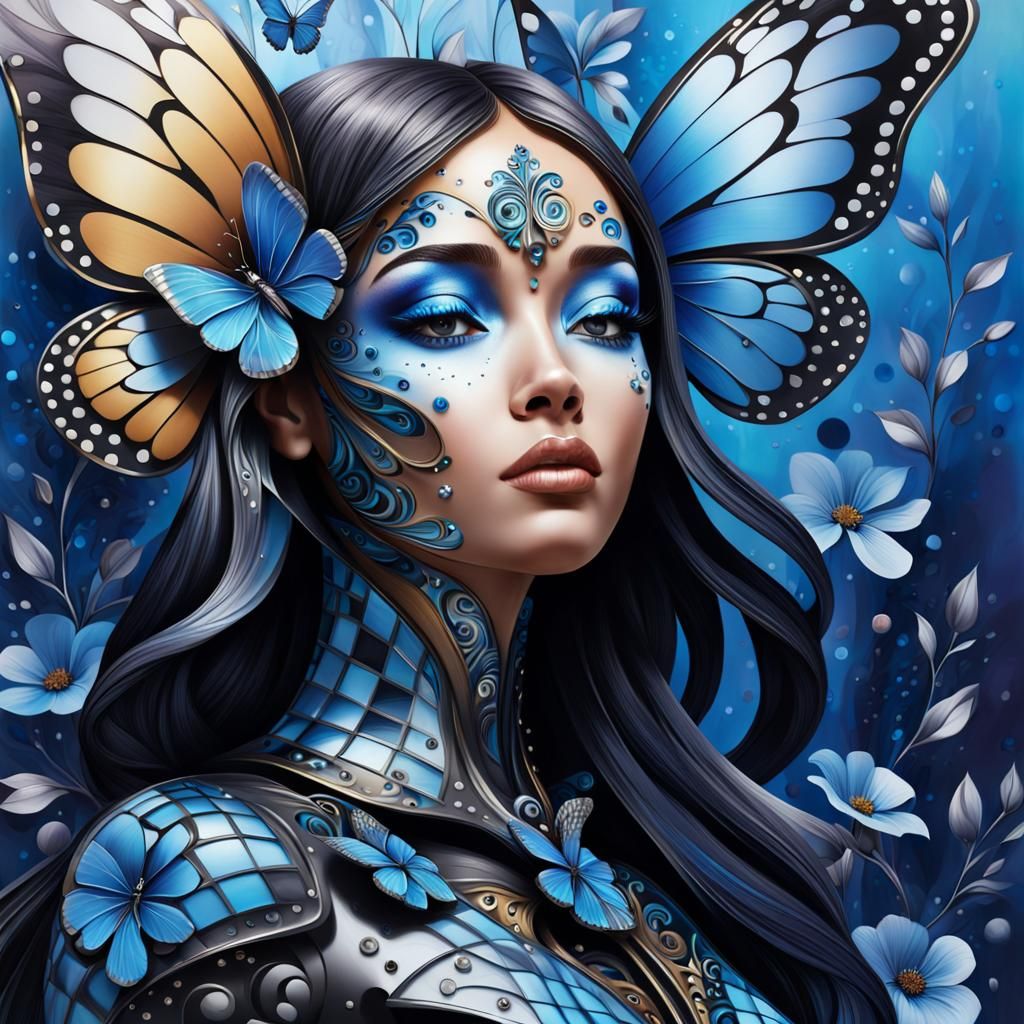 Stylized Figure with Butterfly in Hyperrealistic Splash Art