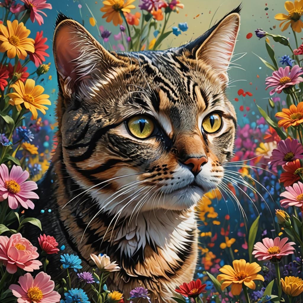 Cute Tabby Cat Among Flowers in Splash Art