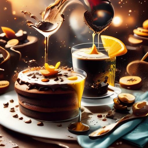 Vibrant Still Life: Cocktail and Chocolate Cake