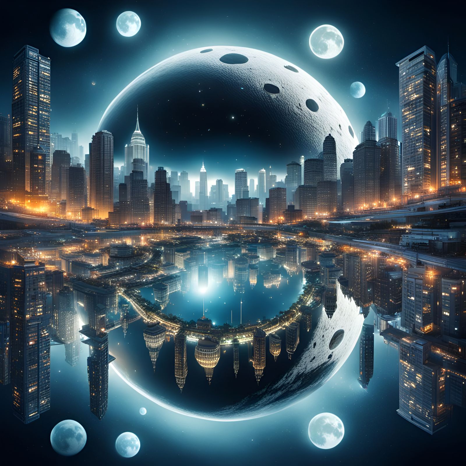 Upside down city in a giant moon