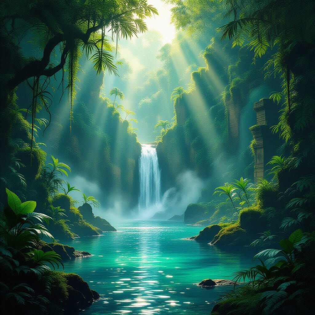 Prehistoric Jungle Waterfall Ruins in Dreamlike Matte Painti...