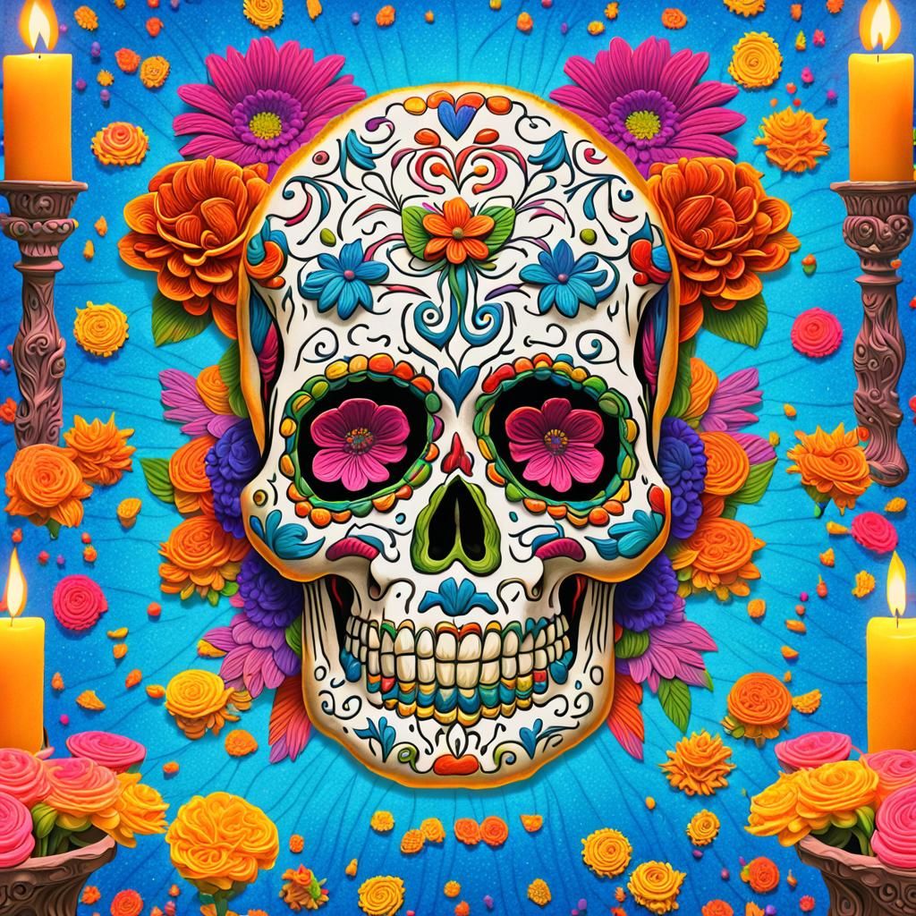 Ofrenda with Sugar Skulls in Impasto Style