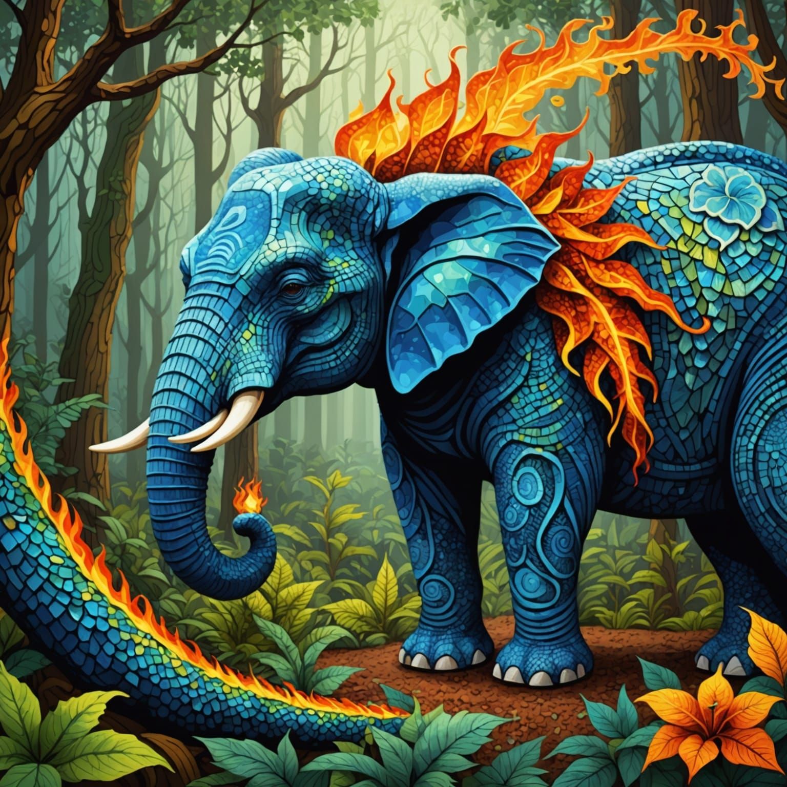 Fiery Serpent in Pointillism Style Forest