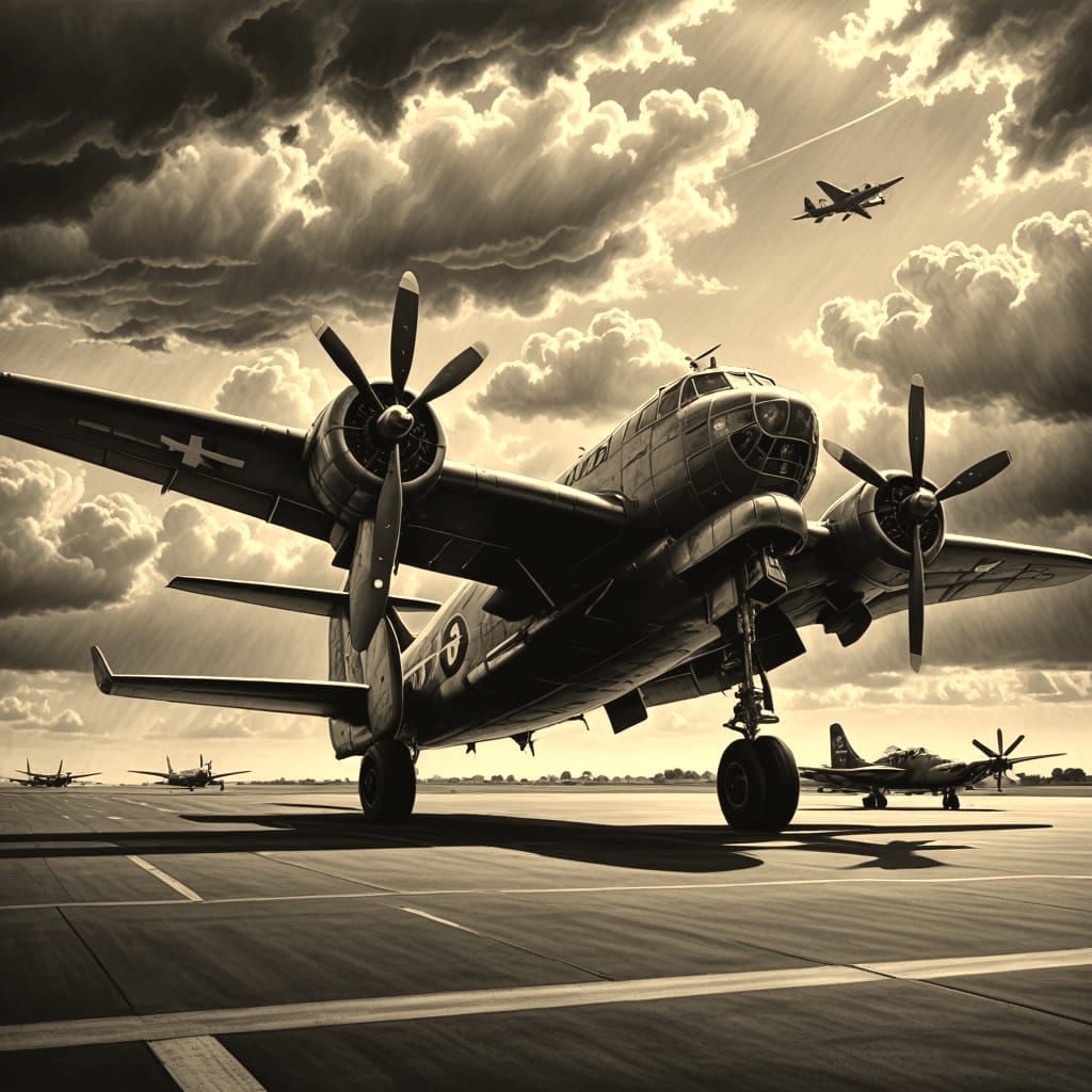 Vintage Airplanes on the Runway in Hyperdetailed Charcoal