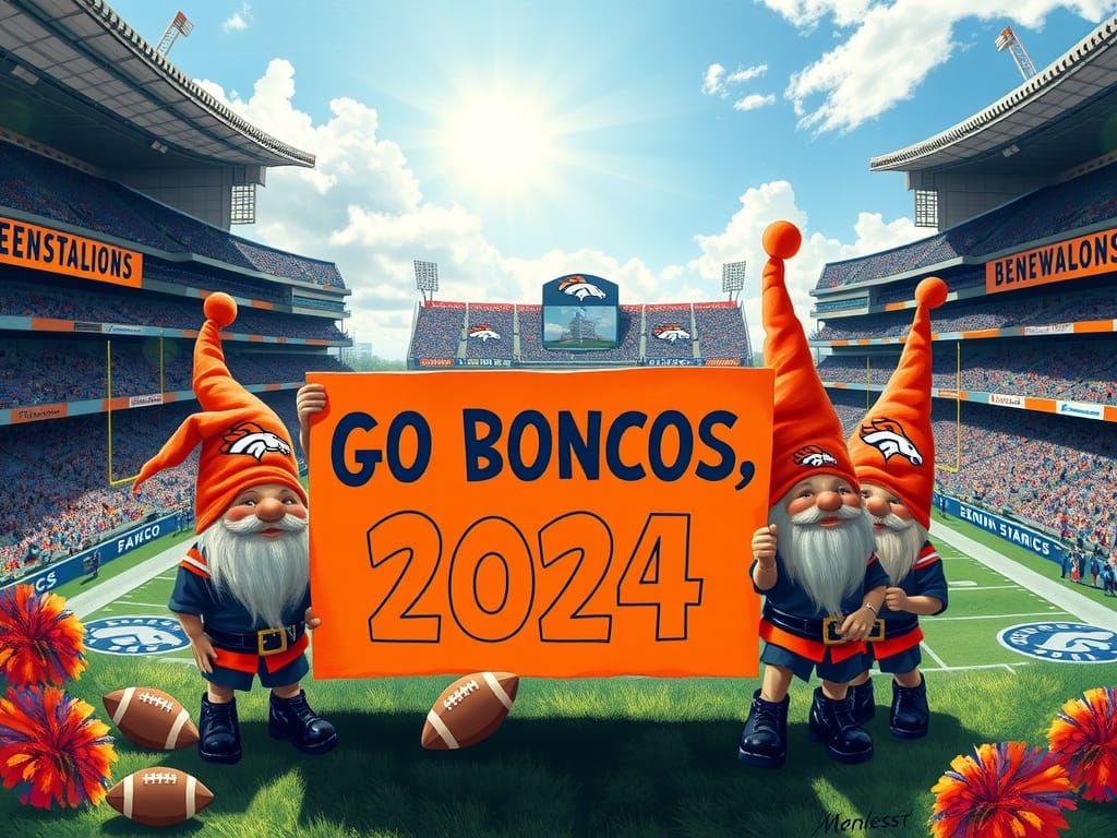 Denver Broncos Football Team Gnomes, Orange Sign That Says "GO BRONCOS, 2024"