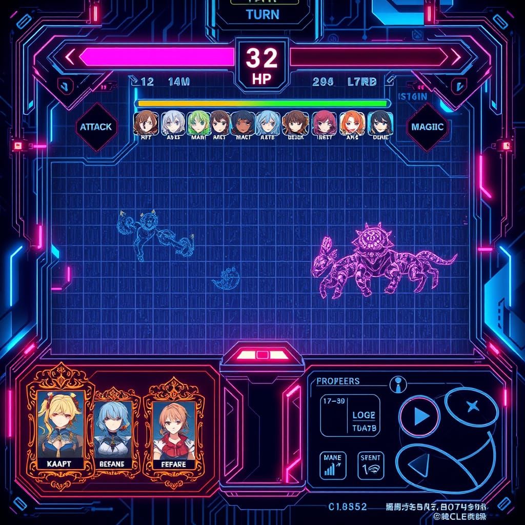 Cyberpunk Battle Screen for JRPG in Futuristic Digital Style