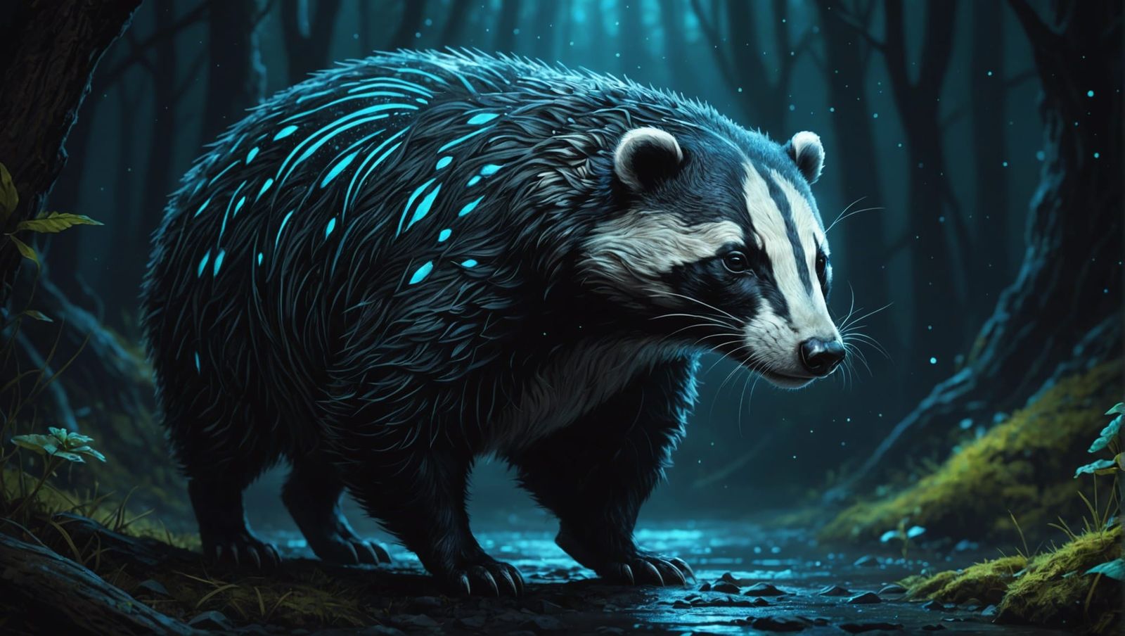 Bioluminescent Badger in the Dark: Ornate Fantasy Painting
