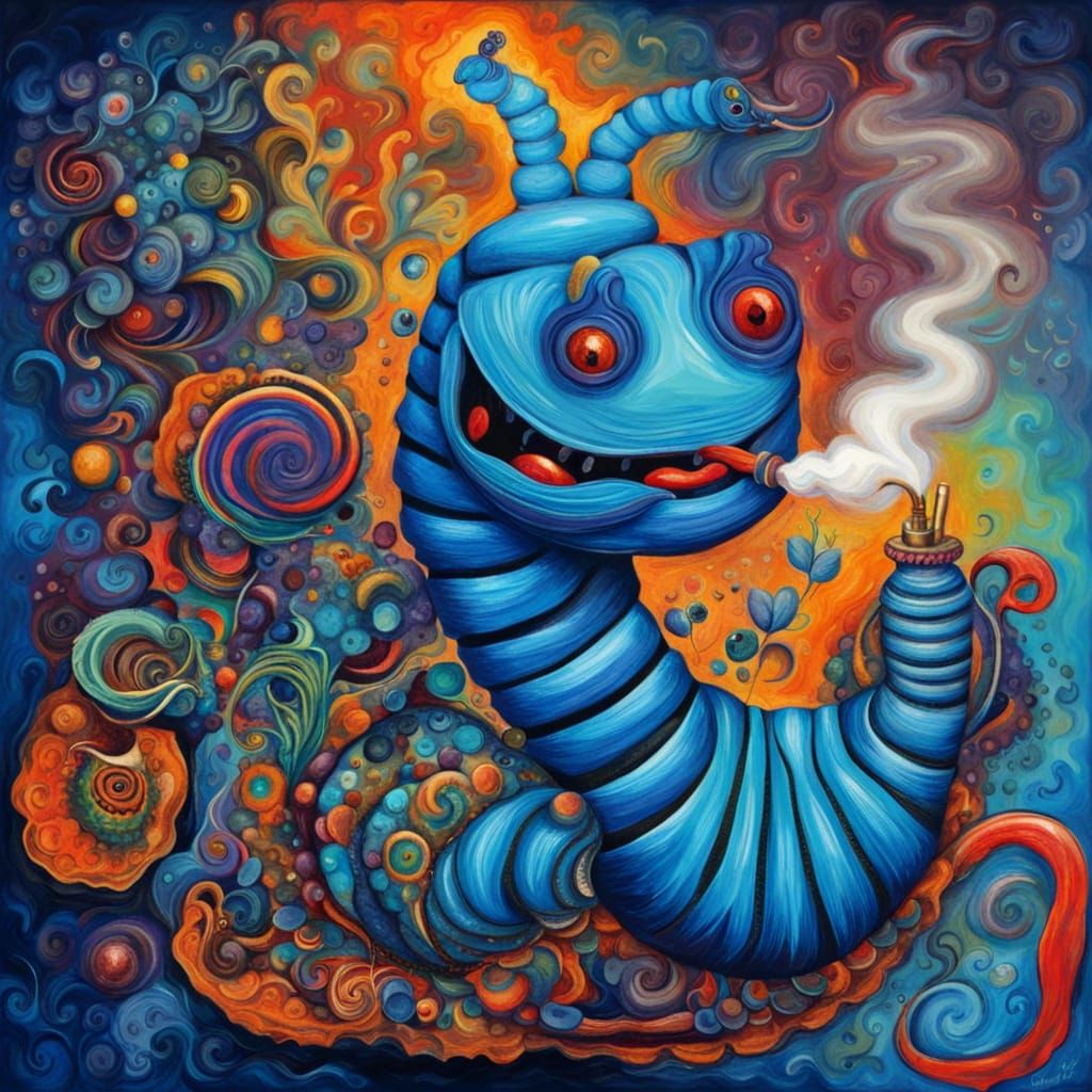 Giant Blue Caterpillar Smoking Hookah: Abstract Art