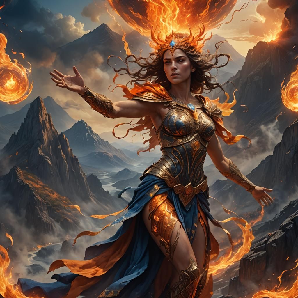 Greek Goddess of Magic Descending in Flames
