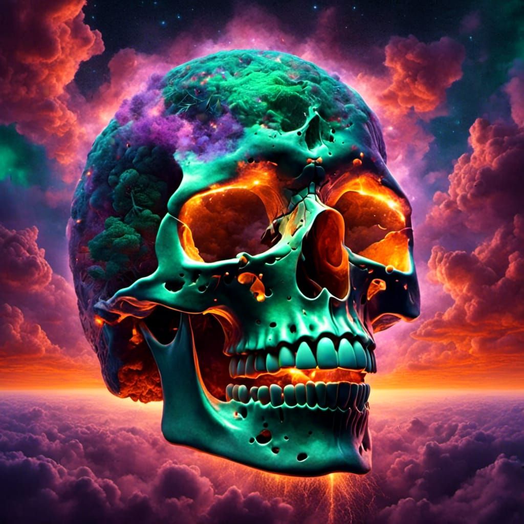 Giant Skull Emerges from Dark Orange Clouds