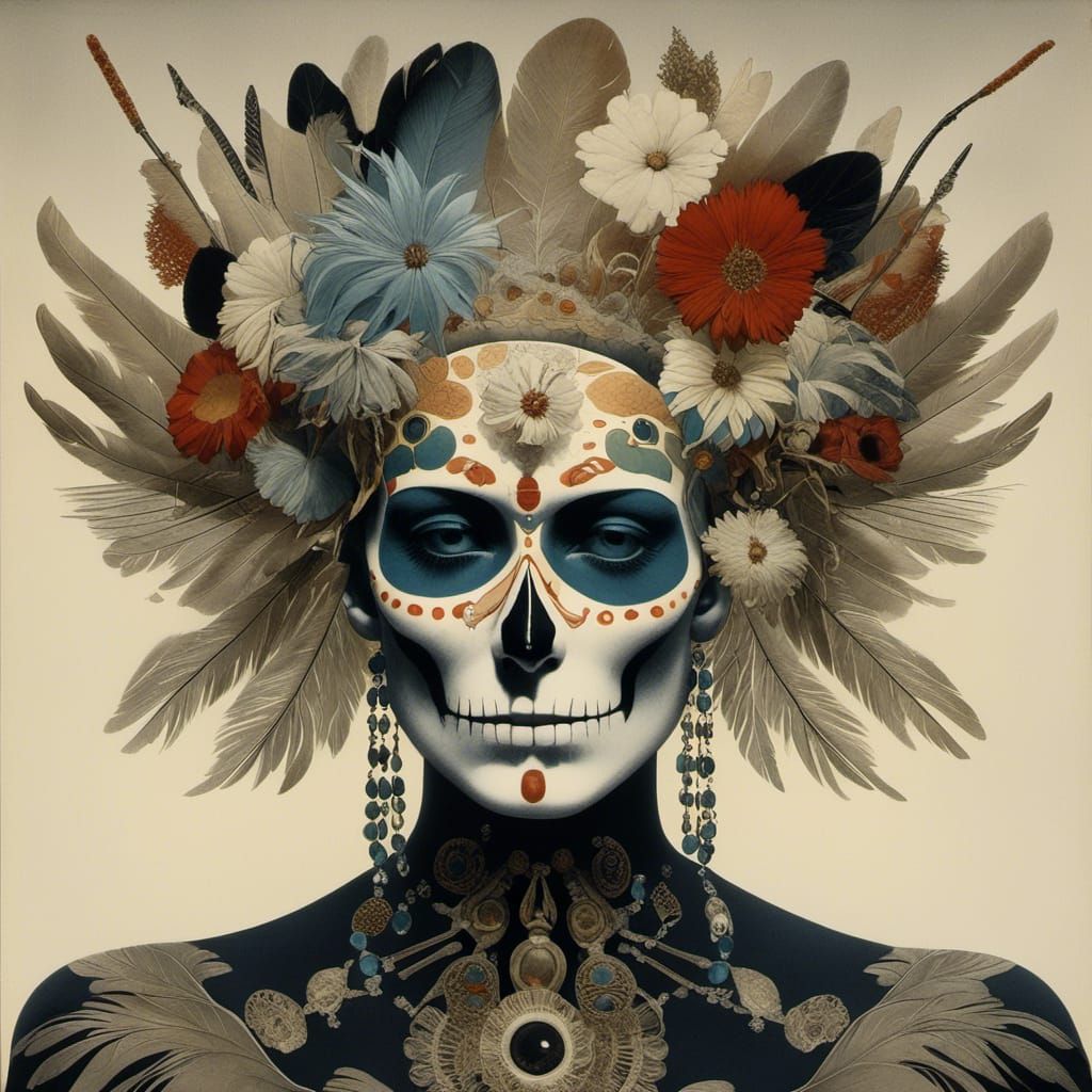 <lora:PGBWB3:1.0> Sugar skull shaman Je me souviens des mouvements hésitants de mes rêves/hold tight,professional photog...