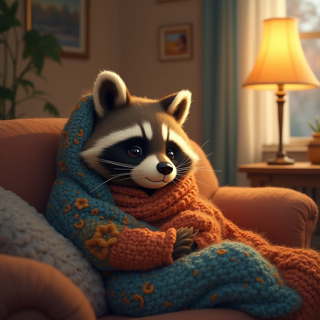 Cozy Raccoon Family TV Night, Digital Illustration