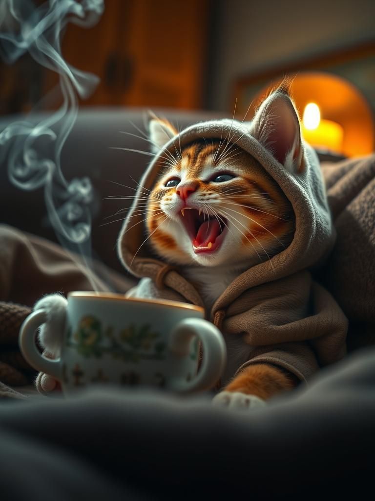Cozy Kitten Wizard Enjoying Coffee in Anime Style