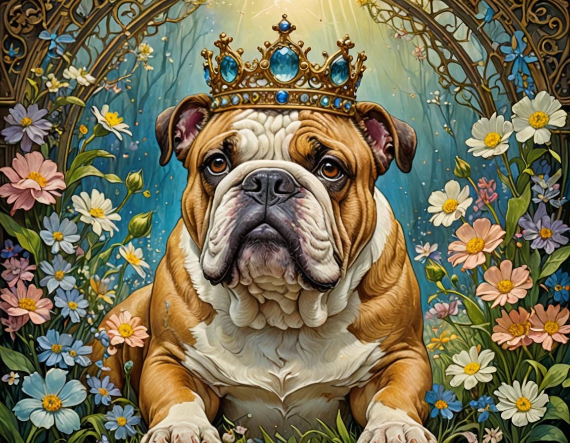 Bulldog with Spring Flower Crown in Art Nouveau Style