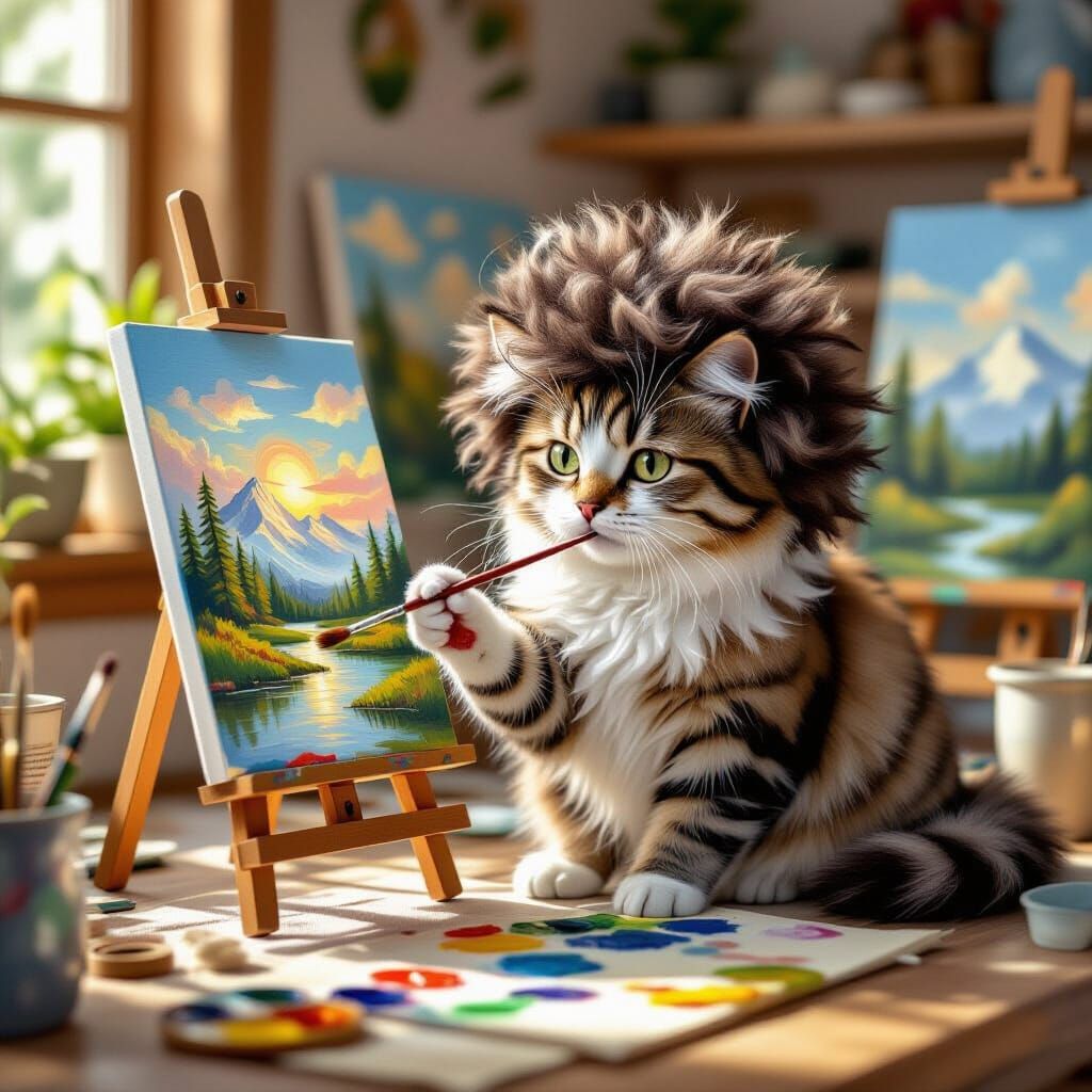 Cat as Bob Ross Painting a Landscape