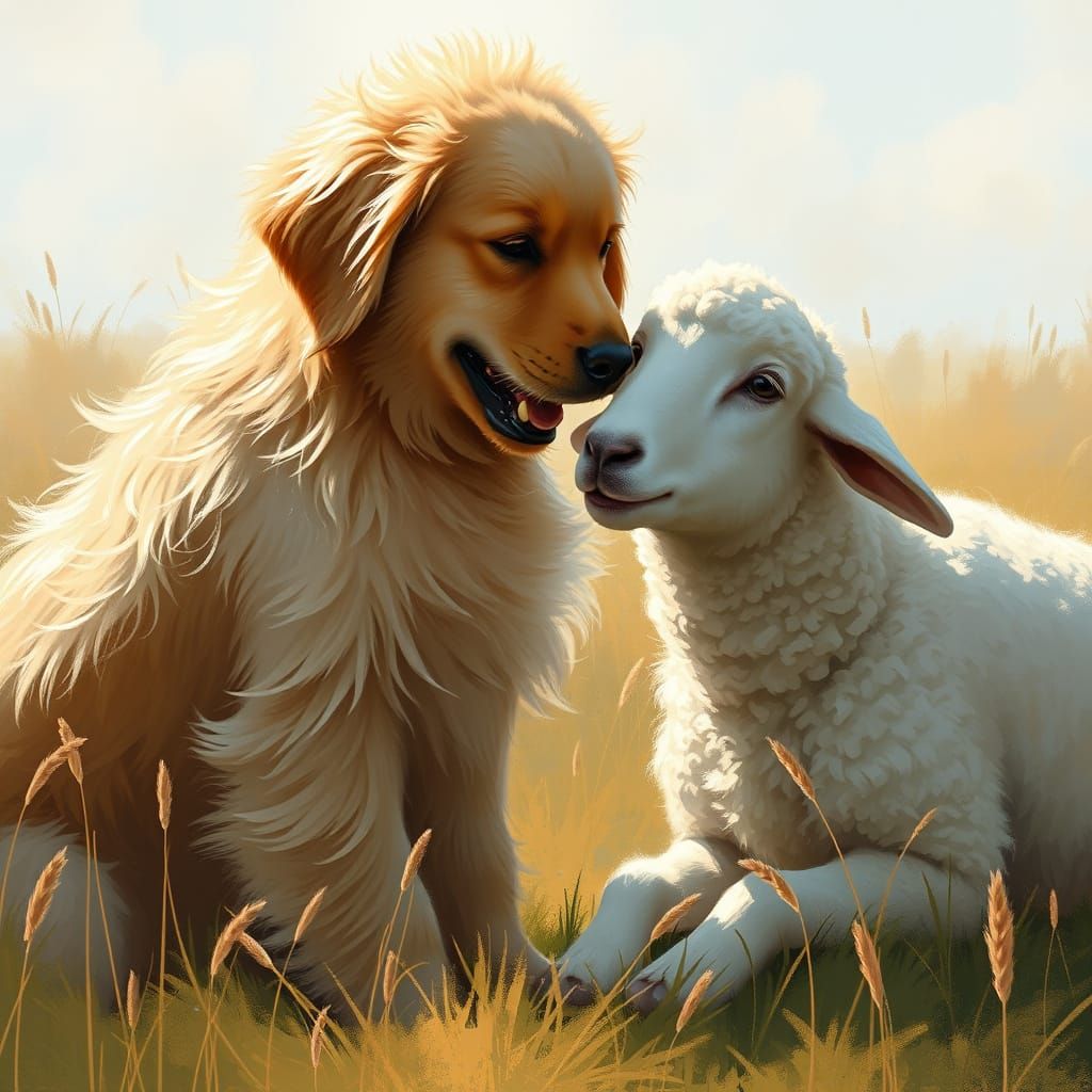 Golden Retriever and Merino Sheep in Sunny Meadow