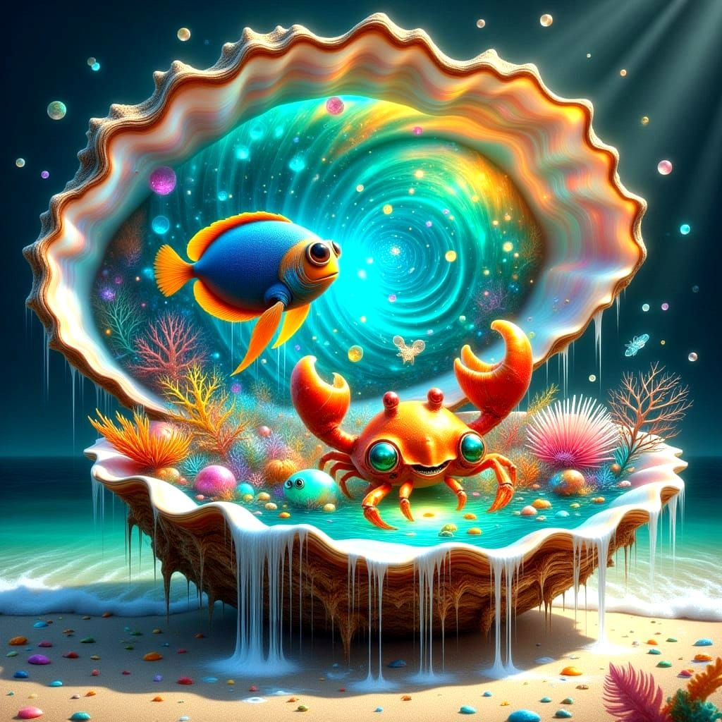 Vibrant Ocean Treasures in an Iridescent Shell