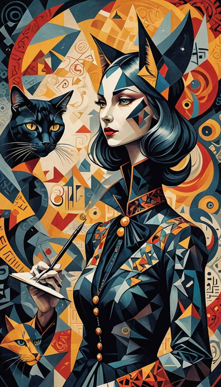 Surreal Cubist Cat Girl Writes Mystic Symbols