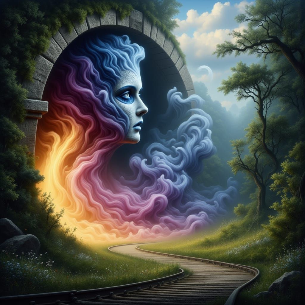 Mystical Tunnel Entrance with Ethereal Smoke and Faces