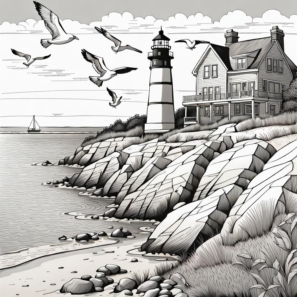 Beautiful detailed line art scene of lighthouse and a beach on the coast up in Cape cod with nautical Cape cod homes and...
