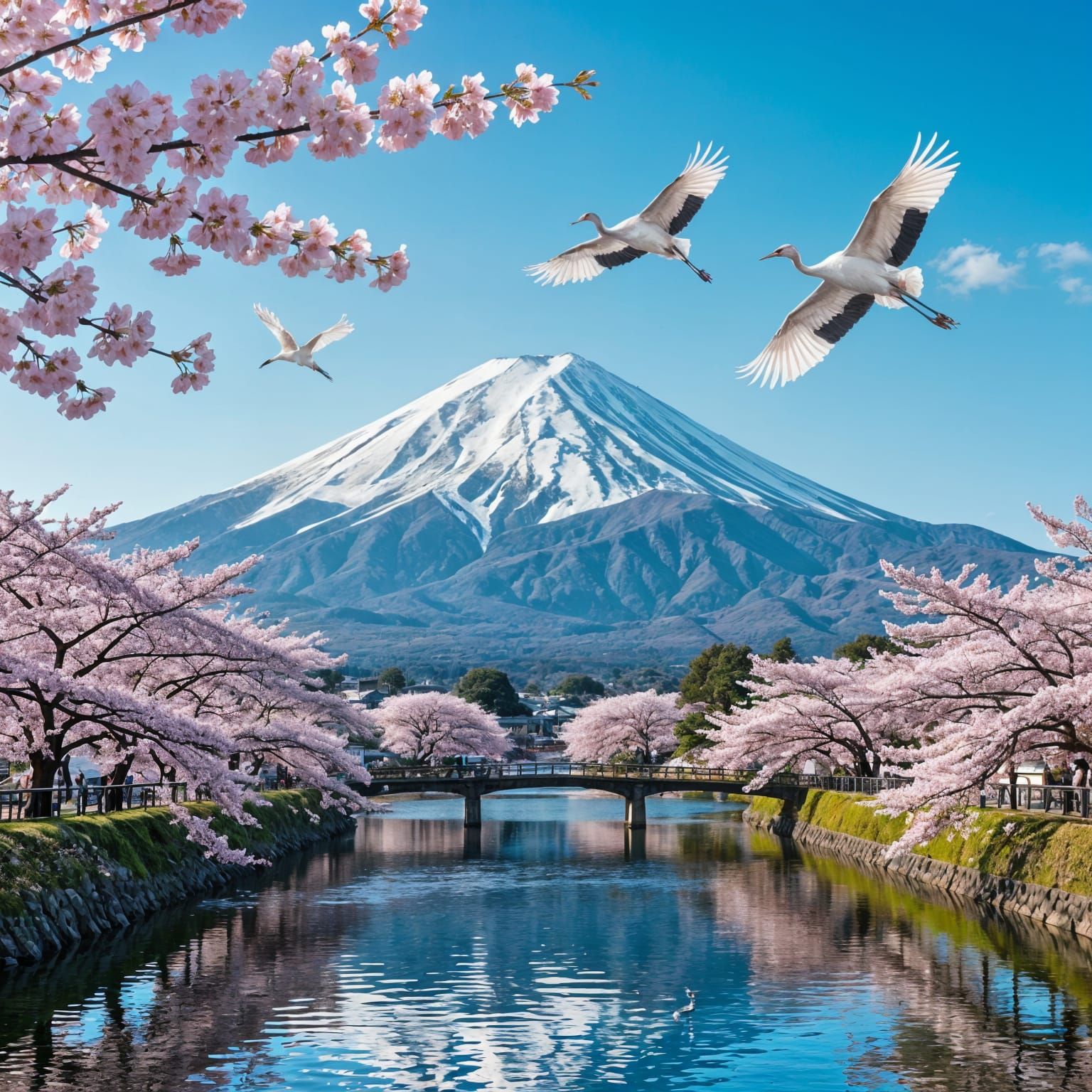 Mount Fuji With Cherry Blossoms and Cranes