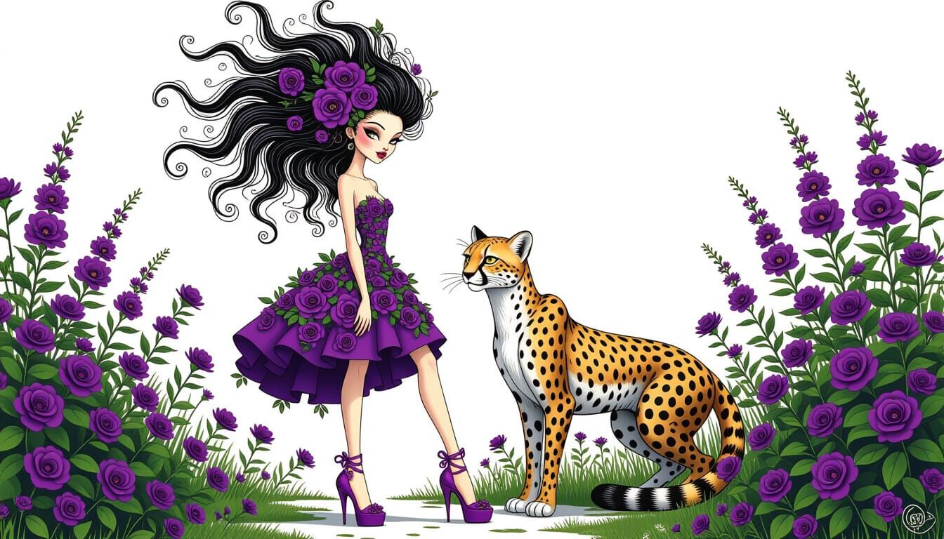 Sinister Storybook Art: Woman of Plants & Cheetah