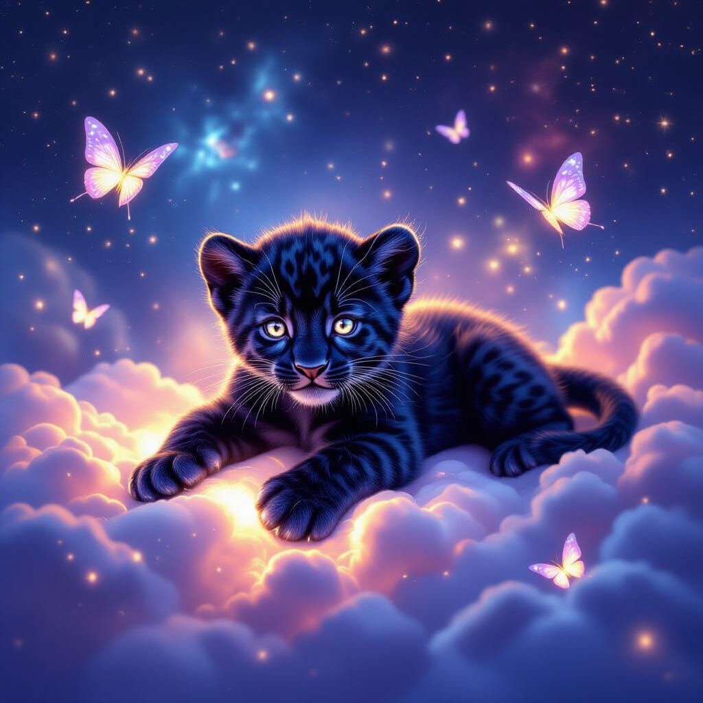 Cosmic Black Panther Cub in Celestial Dreamscape