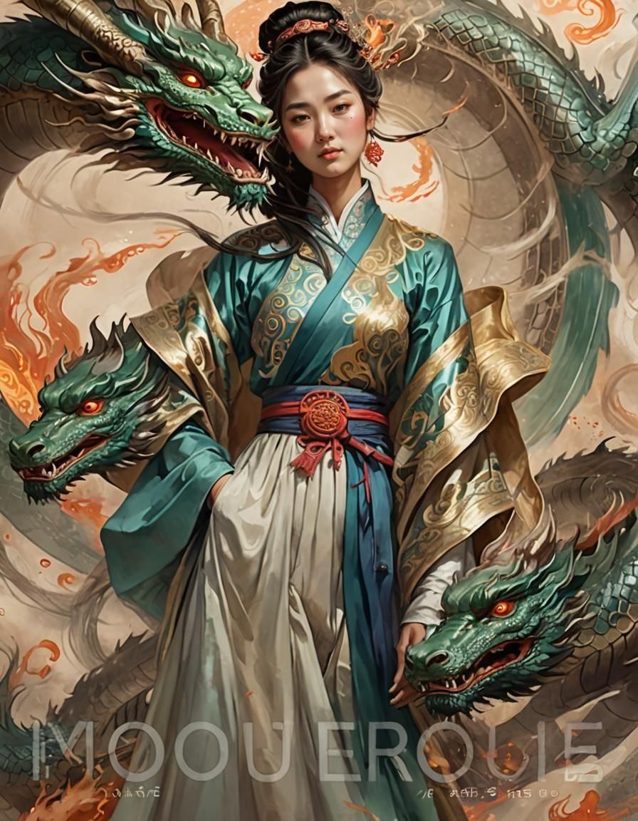 Ancient Chinese Woman with Dragons in Anime Style