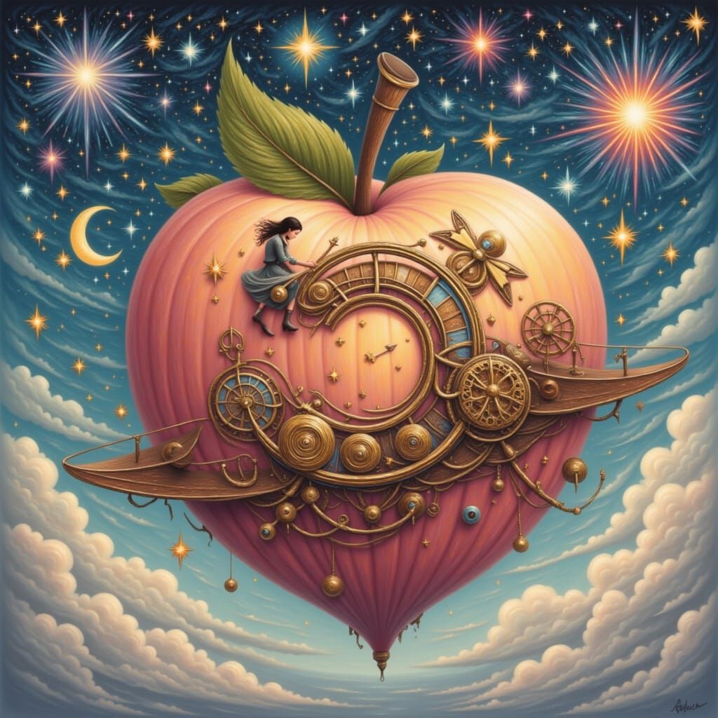 Steampunk Peach Airship in a Cosmic Sky