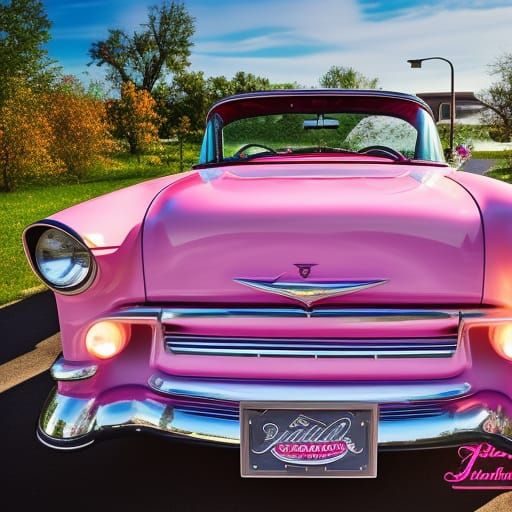 1956 Pink Cadillac at 50s Drive-In, Realistic Photo