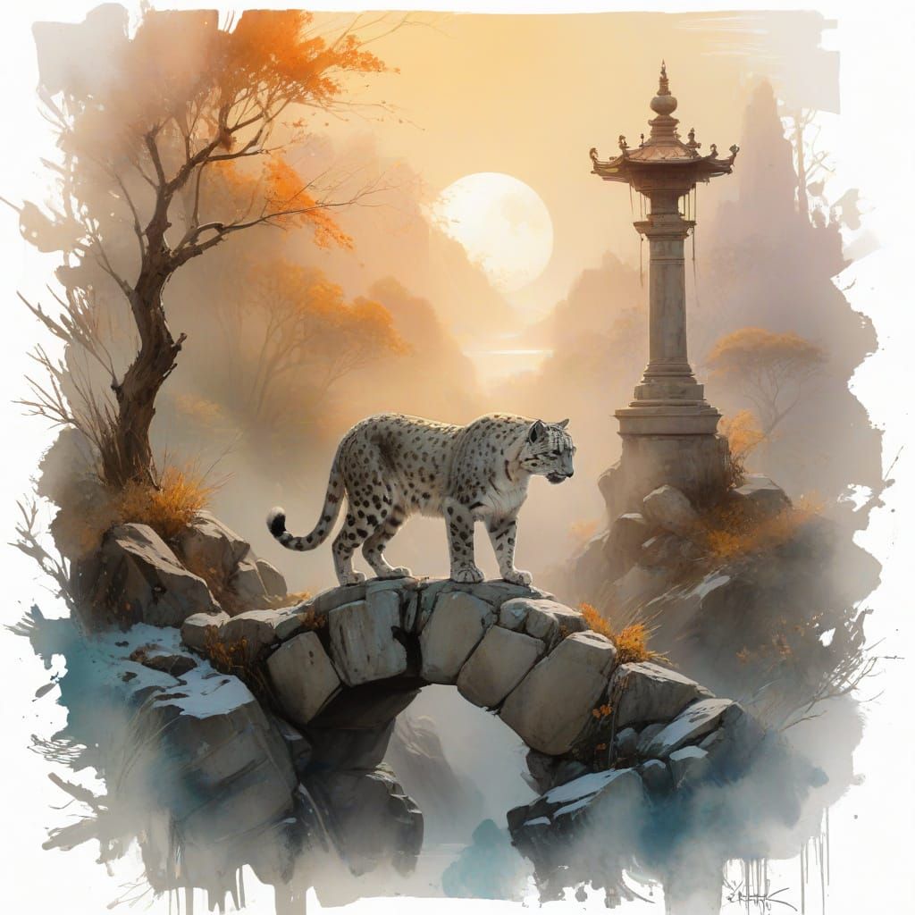Snow Leopard on Prayer-Flagged Bridge in Twilight