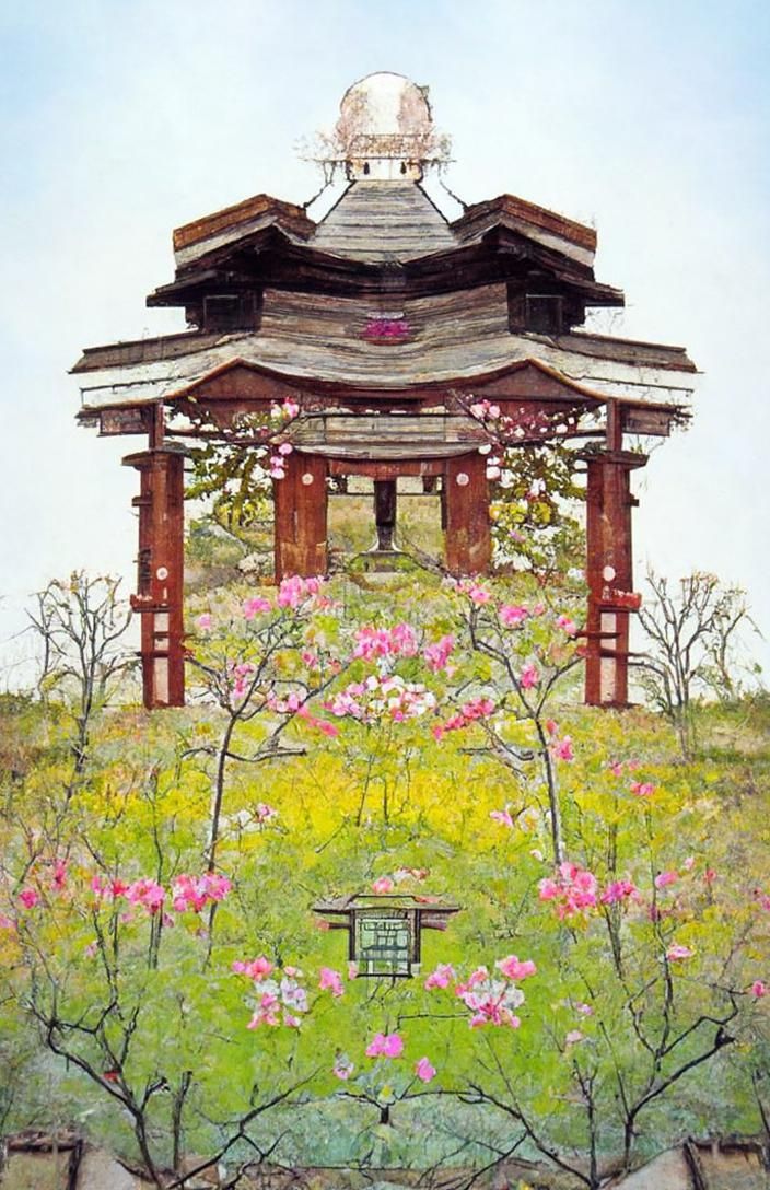 Japanese Shrine in Cherry Blossom Garden, Woodblock Print