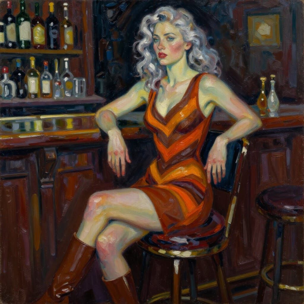 Elegant Woman in Chevron Dress Bar Scene