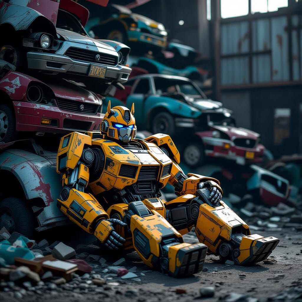 Bumblebee Sleeps in Junkyard, Industrial Art Style
