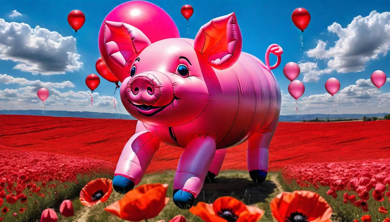 pink piglet made of ballons flying in the blue sky over a field of red poppies, inflatable transparent balloon piglet, u...