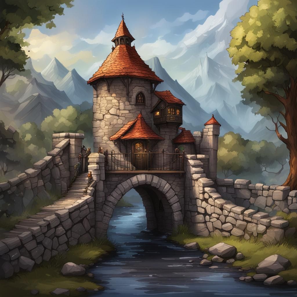 Fantasy City Entrance with Cobblestone Bridge