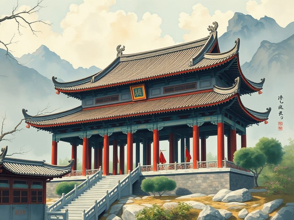 Ancient Chinese Temple in Impressionistic Style