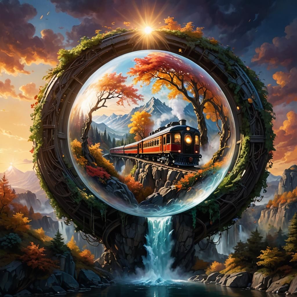 Autumn Train in Orb, Oil Painting Fantasy Landscape