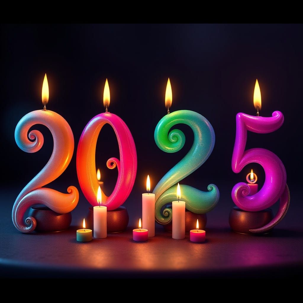 Ethereal Candles Form Rainbow Numbers 2025 in Dark Gradient....
