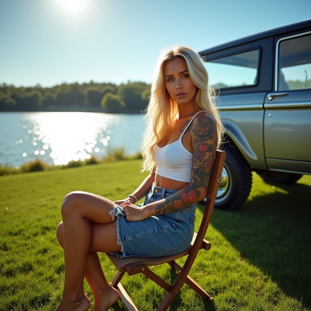 Woman with Vintage Bronco by Calm Lake