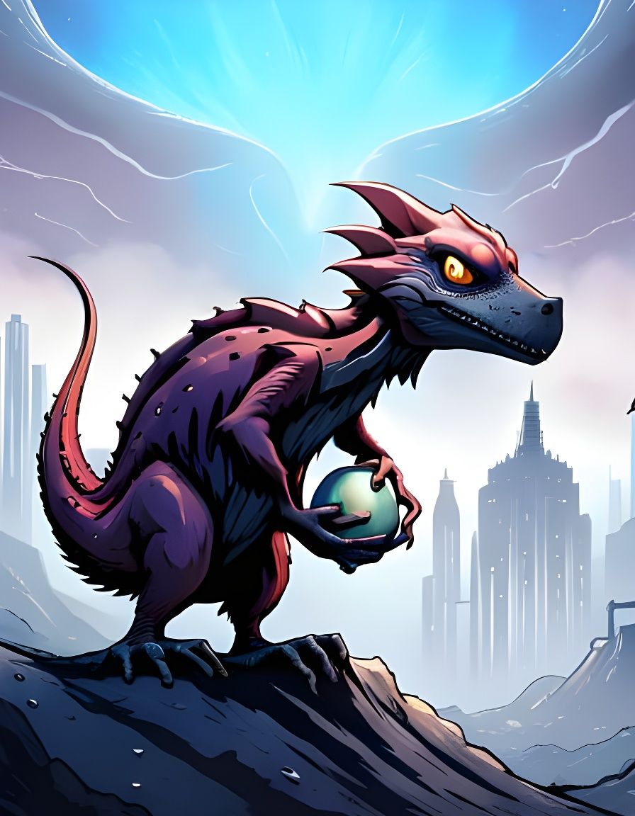 Cyberpunk Dinosaur Hiding in Sewer with Egg